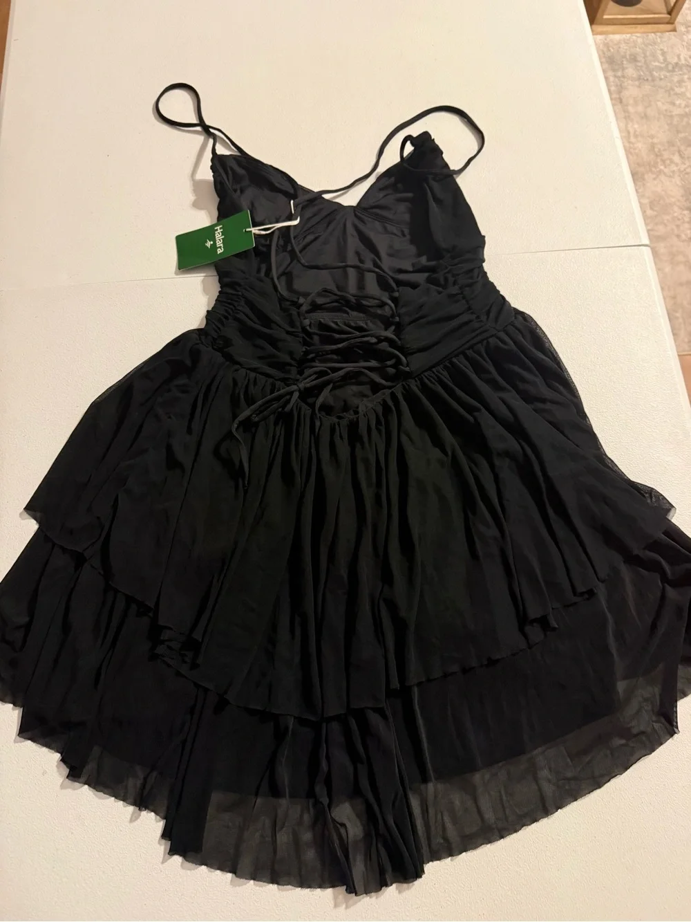 NEW Halara Women's Lace Up Mesh Layered Mini Party Dress Black Large ruched